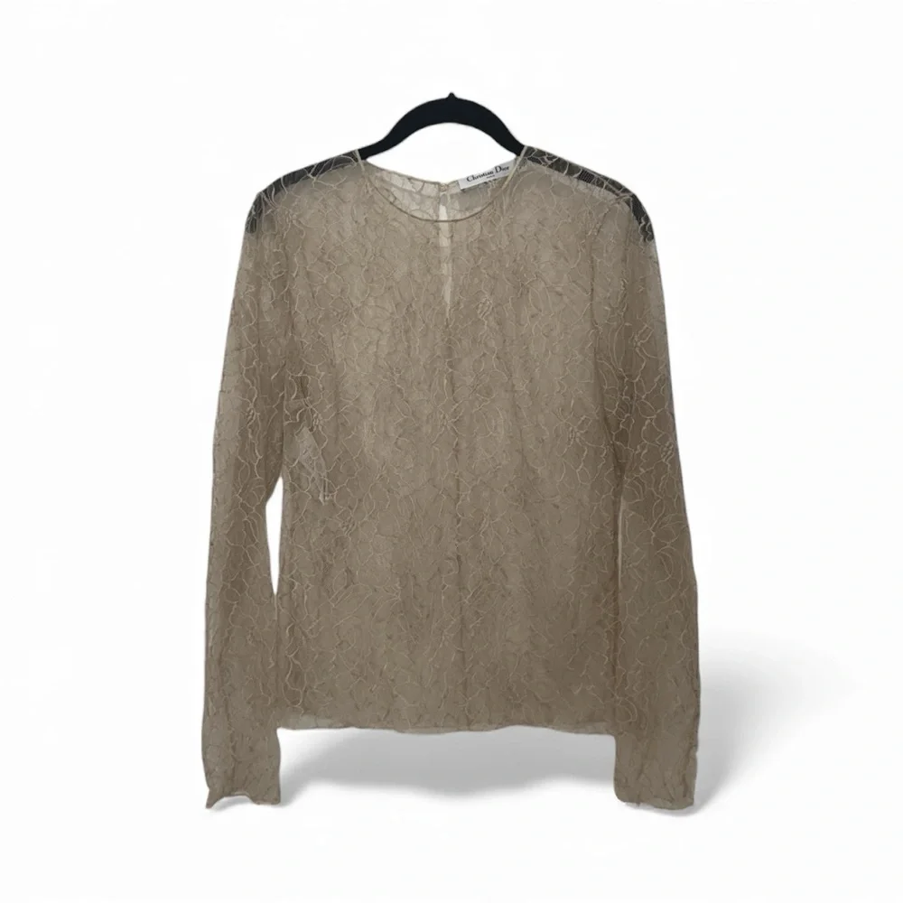 Christian Dior Beige Tan Lace Long-Sleeve 100% Silk Top, Size US 8 - Picture 3 of 9